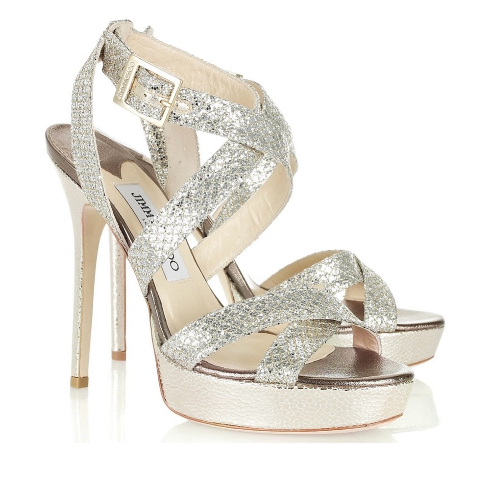 Authentic Jimmy Choo 'Vamp' Glitter Platform Sandals